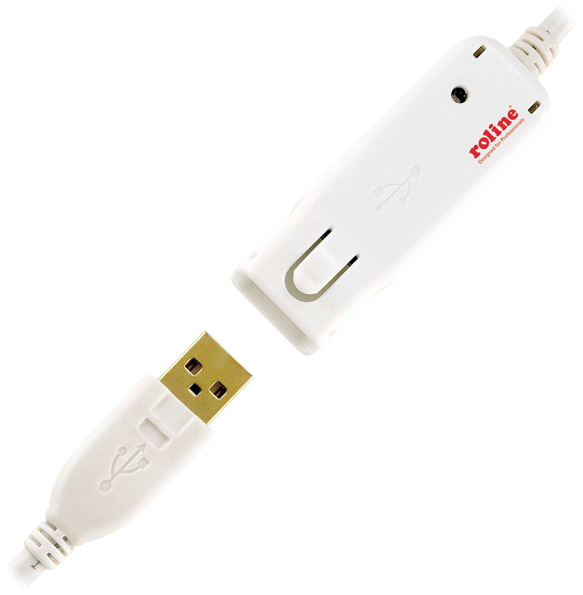 Un câble d'extension USB blanc avec une fiche et un connecteur. La fiche porte le symbole USB ; le câble est marqué 'roline'.