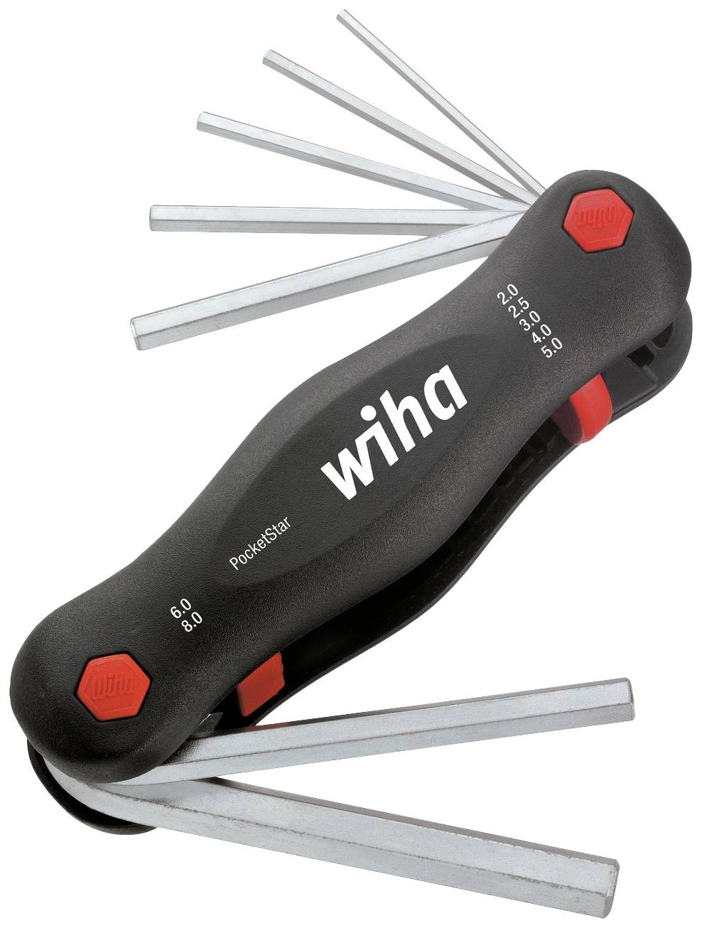 Outil multifonction 'Wiha Pocketstar' avec plusieurs embouts métalliques dépliables de différentes tailles, manche noir avec des accents rouges.