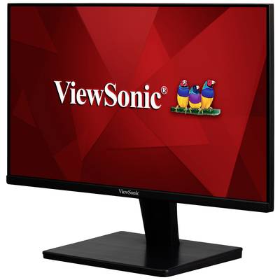 Un écran d'ordinateur ViewSonic sur un fond rouge avec trois oiseaux colorés et le logo ViewSonic affiché de manière centrale.