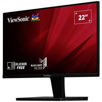 Moniteur ViewSonic avec écran de 22 pouces, fond rouge et logos 'Sans scintillement' et 'Filtre lumière bleue'.