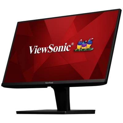 Un écran d'ordinateur noir avec un fond rouge affiche le logo 'ViewSonic' accompagné de trois oiseaux colorés.