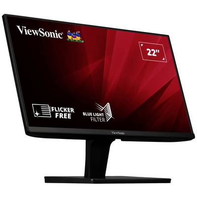 Un écran d'ordinateur ViewSonic avec un écran de 22 pouces. L'écran affiche 'Flicker Free' et 'Filtre de lumière bleue'.