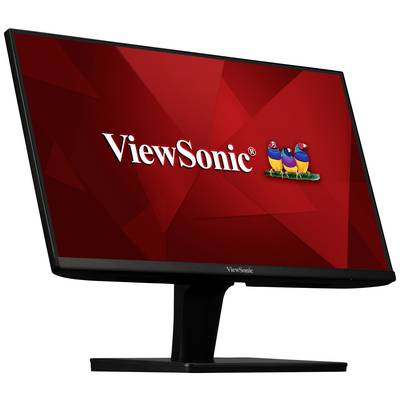 Un moniteur avec un arrière-plan d'écran rouge affiche le logo ViewSonic et trois oiseaux colorés.