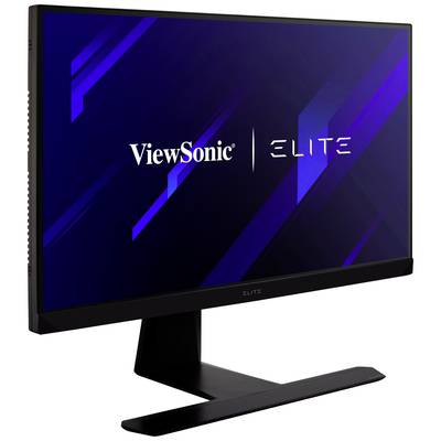 Un moniteur ViewSonic Elite, noir, avec un design épuré et moderne, et des accents graphiques bleus sur l'écran.