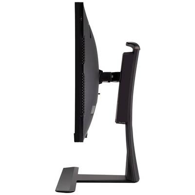 Vue latérale d'un moniteur d'ordinateur moderne au design épuré et à l'écran incurvé, monté sur un support élégant.