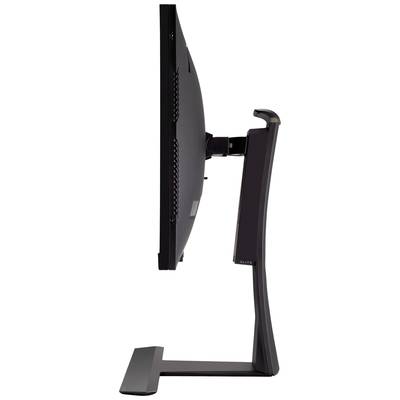 Vue latérale d'un écran d'ordinateur fin sur son support, montrant le design élancé de l'écran et son socle.