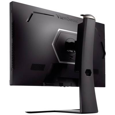 Vue arrière d'un écran d'ordinateur noir au design élégant et moderne, doté d'un socle stable, avec la marque visible.