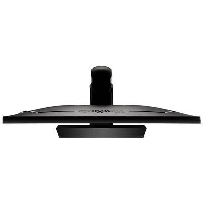 Vue arrière d'un moniteur d'ordinateur noir vu de dessus, mettant en valeur sa forme élégante et fine et son socle, sans câbles visibles.