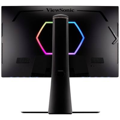 Vue arrière d'un moniteur ViewSonic avec un éclairage RGB hexagonal dans différentes couleurs sur un support noir.
