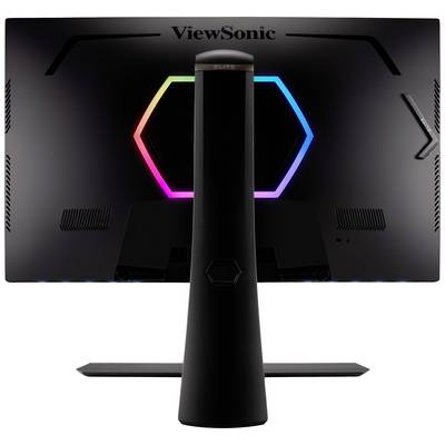 Un moniteur d'ordinateur vu de dos, révèle un éclairage coloré disposé en forme d'hexagones sur l'arrière de l'appareil.