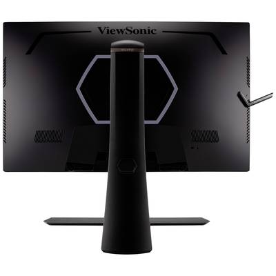 'Moniteur ViewSonic vu de dos, monté sur un socle au design hexagonal. Des fentes de ventilation sont visibles sur les côtés.'