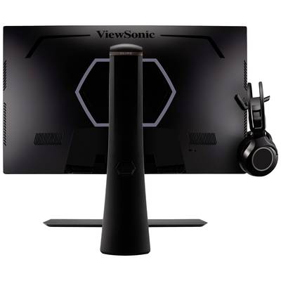 Un moniteur noir de ViewSonic, vu de dos, avec un casque noir suspendu sur le côté droit.