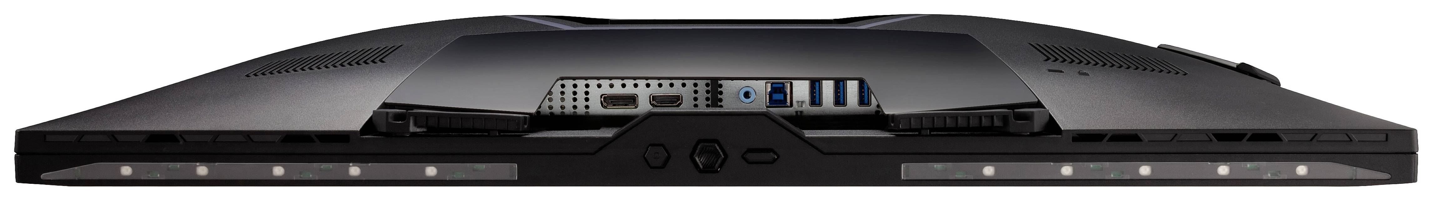 Vue arrière d'un écran d'ordinateur avec différents ports, notamment HDMI, USB et audio.