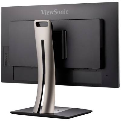 Un moniteur noir 'ViewSonic' vu de dos avec un support argenté, la conception et les connexions n'étant pas visibles.