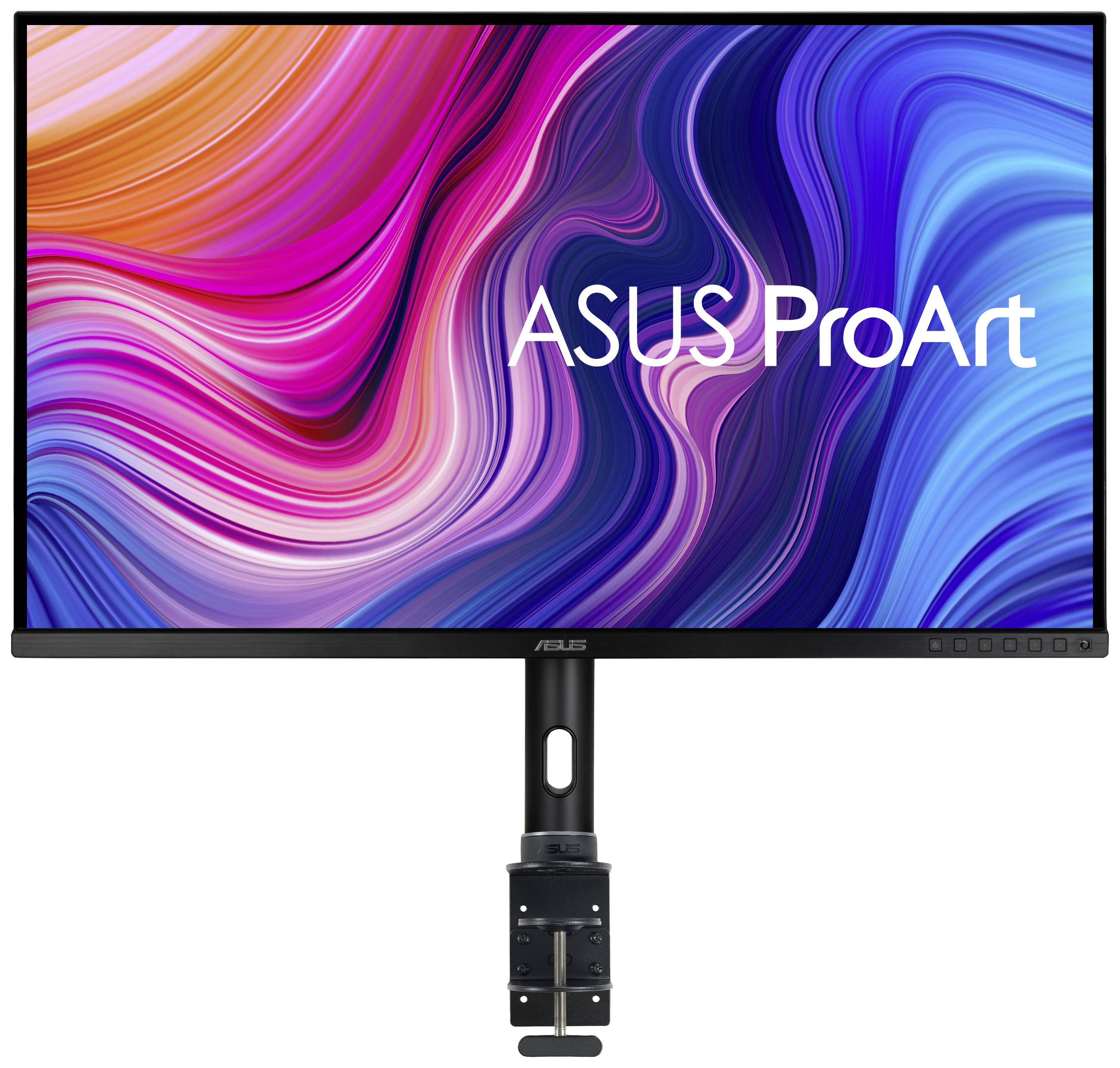 Un moniteur ASUS ProArt avec un fond coloré aux motifs ondulants, monté sur un bras de support flexible.