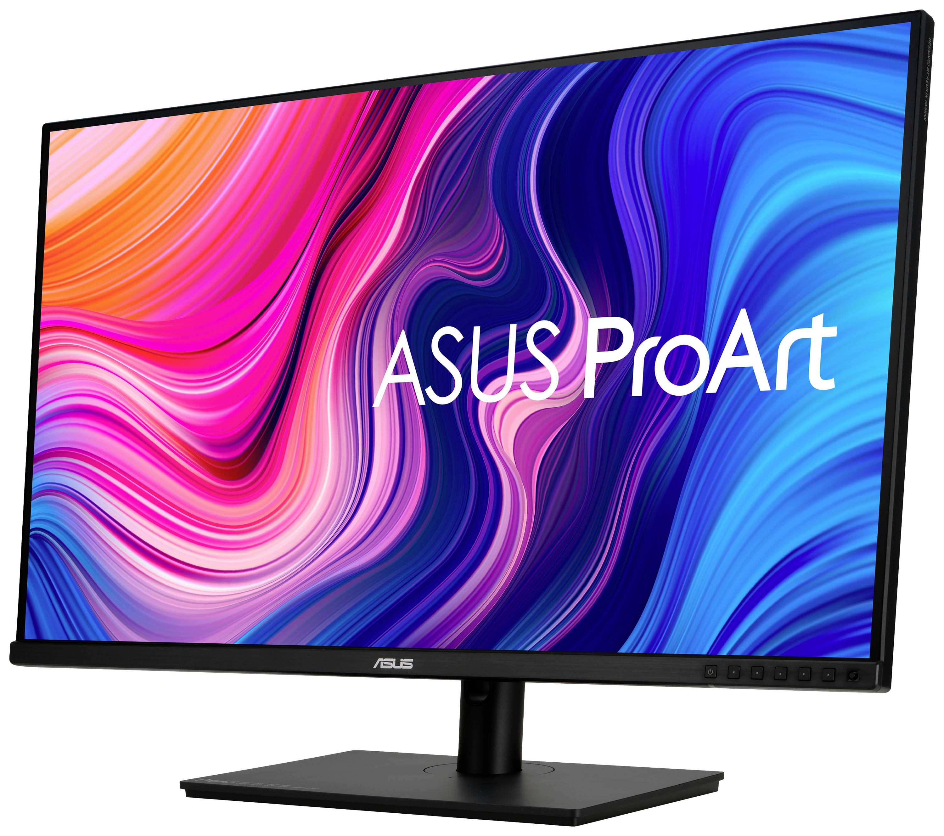Un moniteur ASUS ProArt avec un motif de fond coloré, ondulant et dynamique sur l'écran.