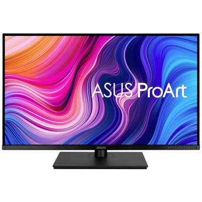 Un moniteur de la marque ASUS ProArt avec des motifs colorés tourbillonnants en arrière-plan.