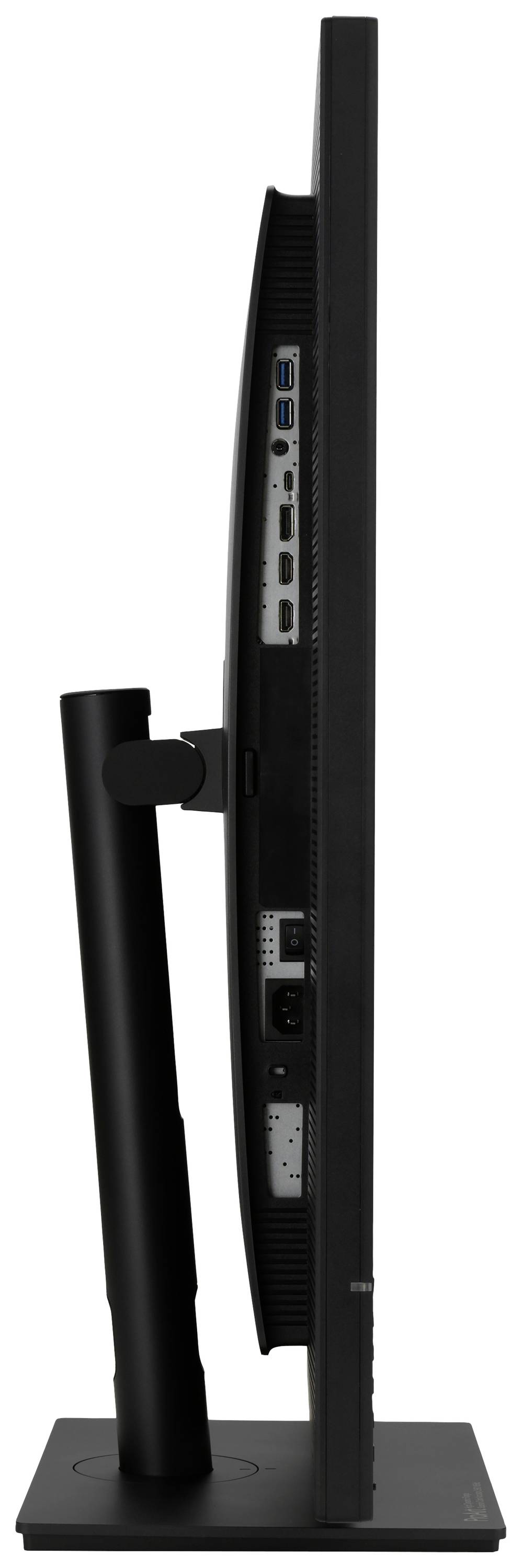 Vue latérale d'un écran d'ordinateur plat avec des ports visibles à l'arrière, monté sur un support.