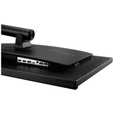 Un écran d'ordinateur avec plusieurs ports de connexion à l'arrière, incluant HDMI et USB. L'écran est noir.