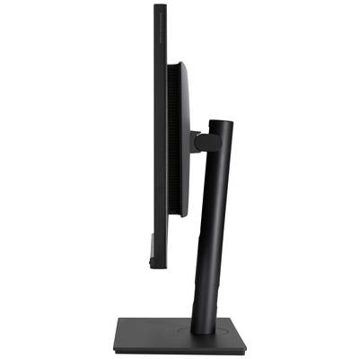 Un moniteur fin avec un cadre étroit, vu de côté, monté sur un support noir sobre.