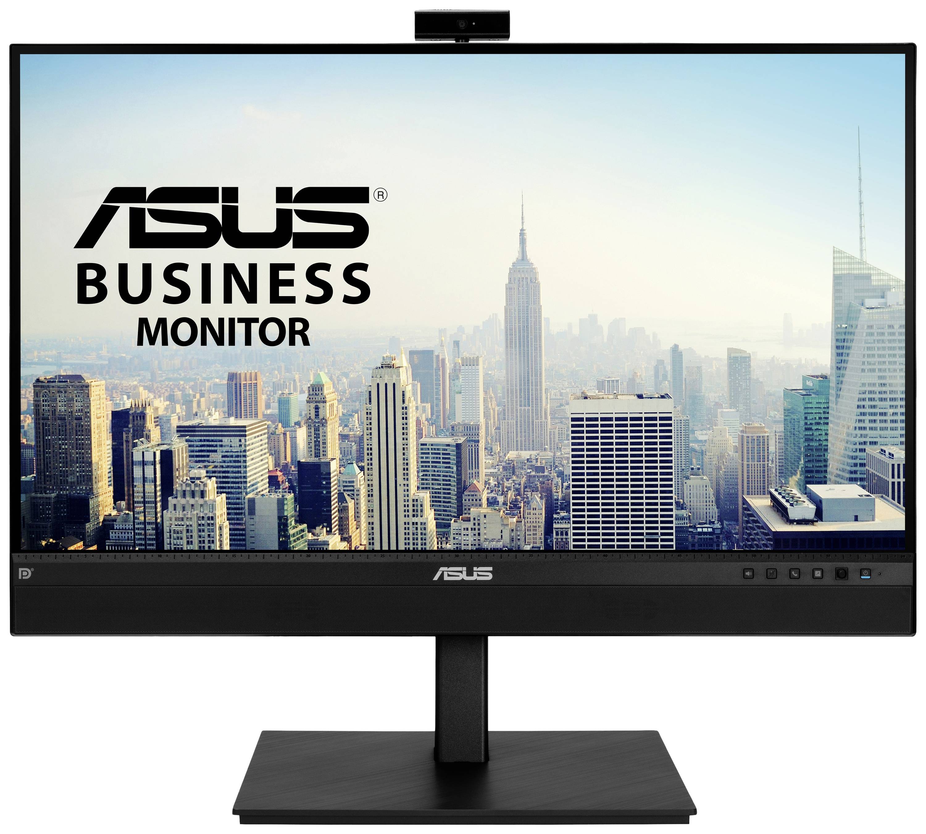 Un moniteur d'ordinateur ASUS affiche la skyline de New York avec l'Empire State Building. L'écran indique « Moniteur professionnel ASUS ».