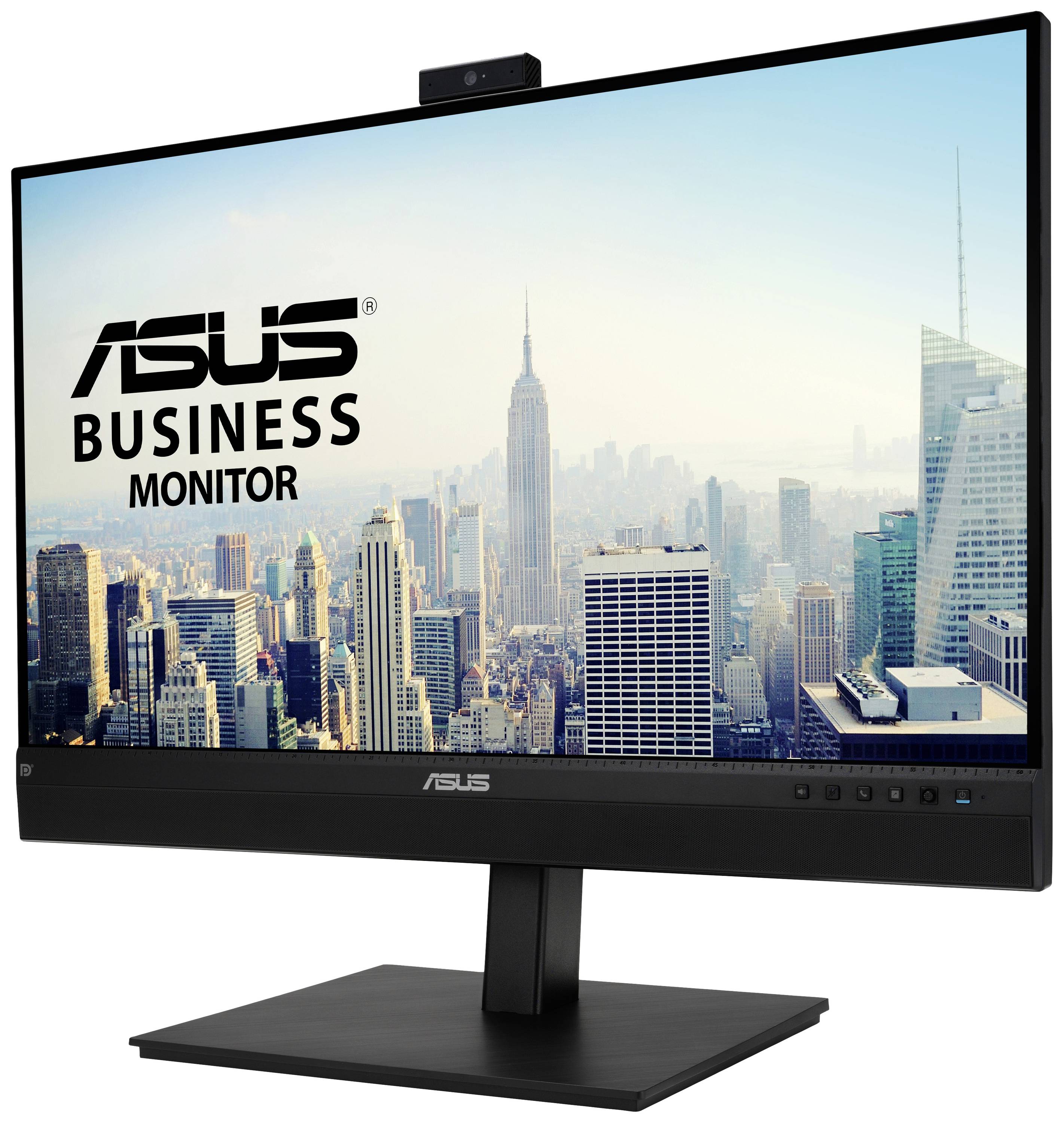 Un moniteur professionnel ASUS avec la skyline de New York City en arrière-plan. Parfait pour les environnements de bureau professionnels.