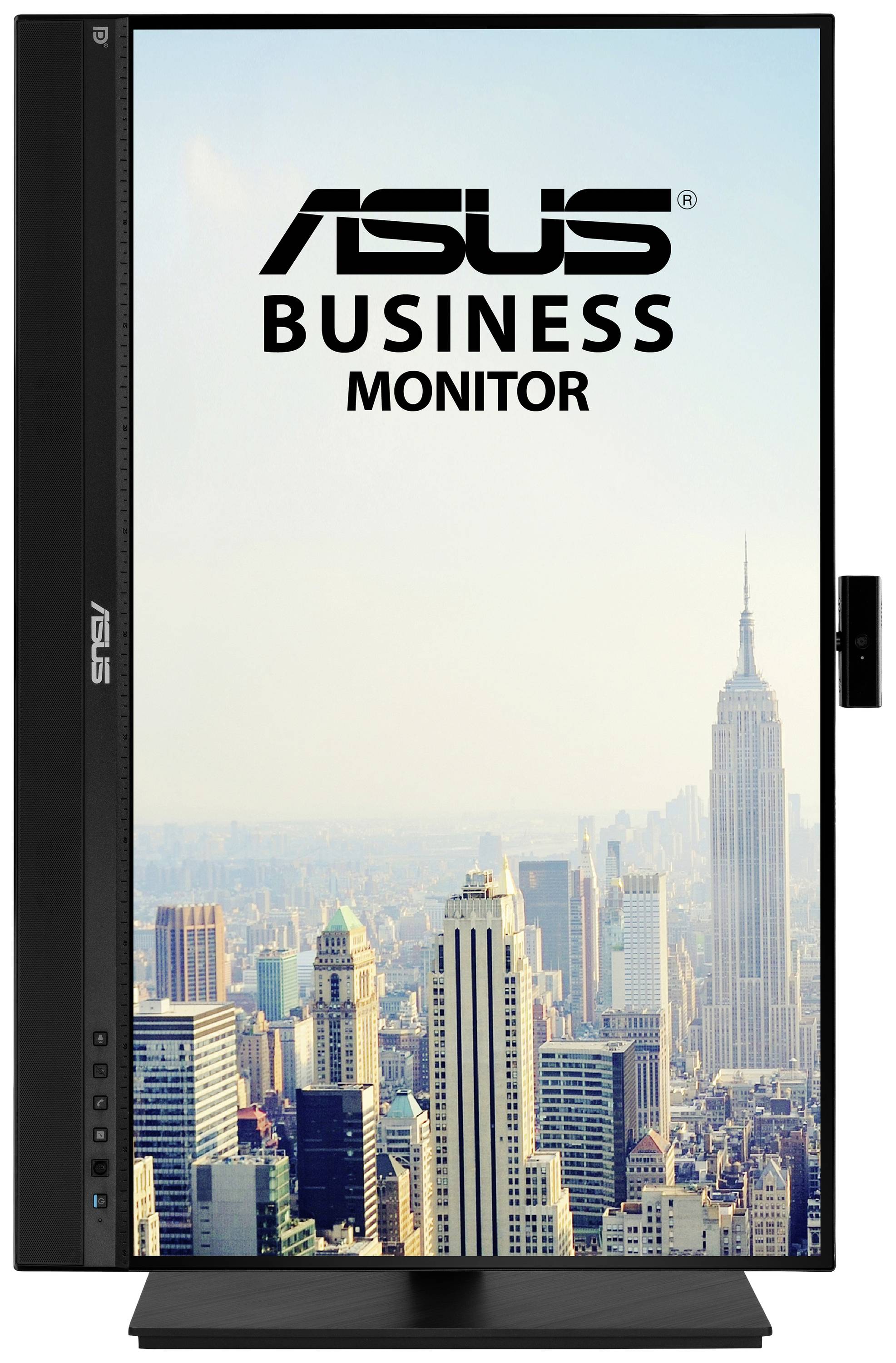 Moniteur professionnel Asus avec un écran en orientation portrait, montrant la skyline d'une ville avec de grands immeubles, incluant un gratte-ciel.