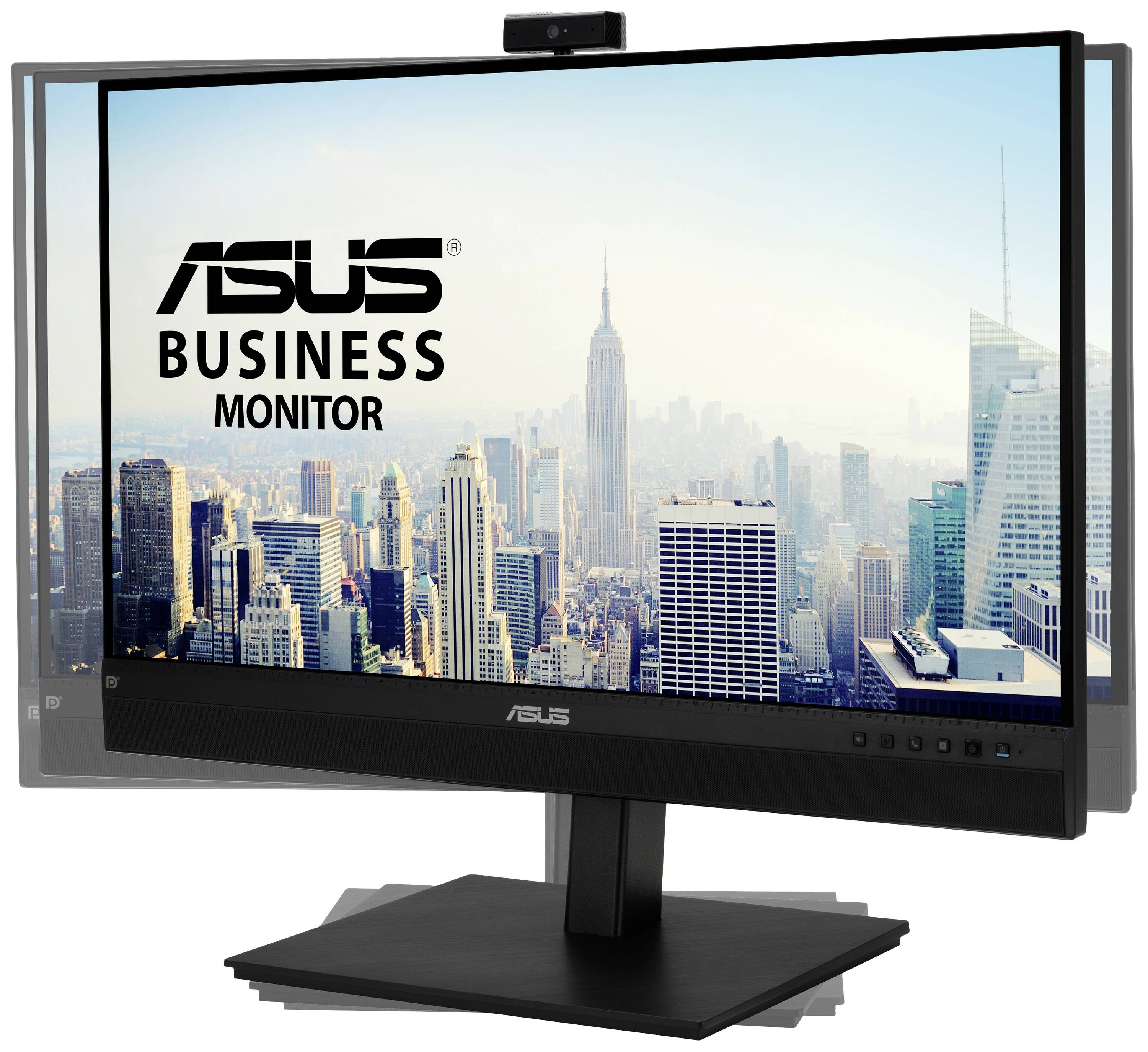 Un moniteur professionnel ASUS affiche une skyline de gratte-ciels en plein jour.