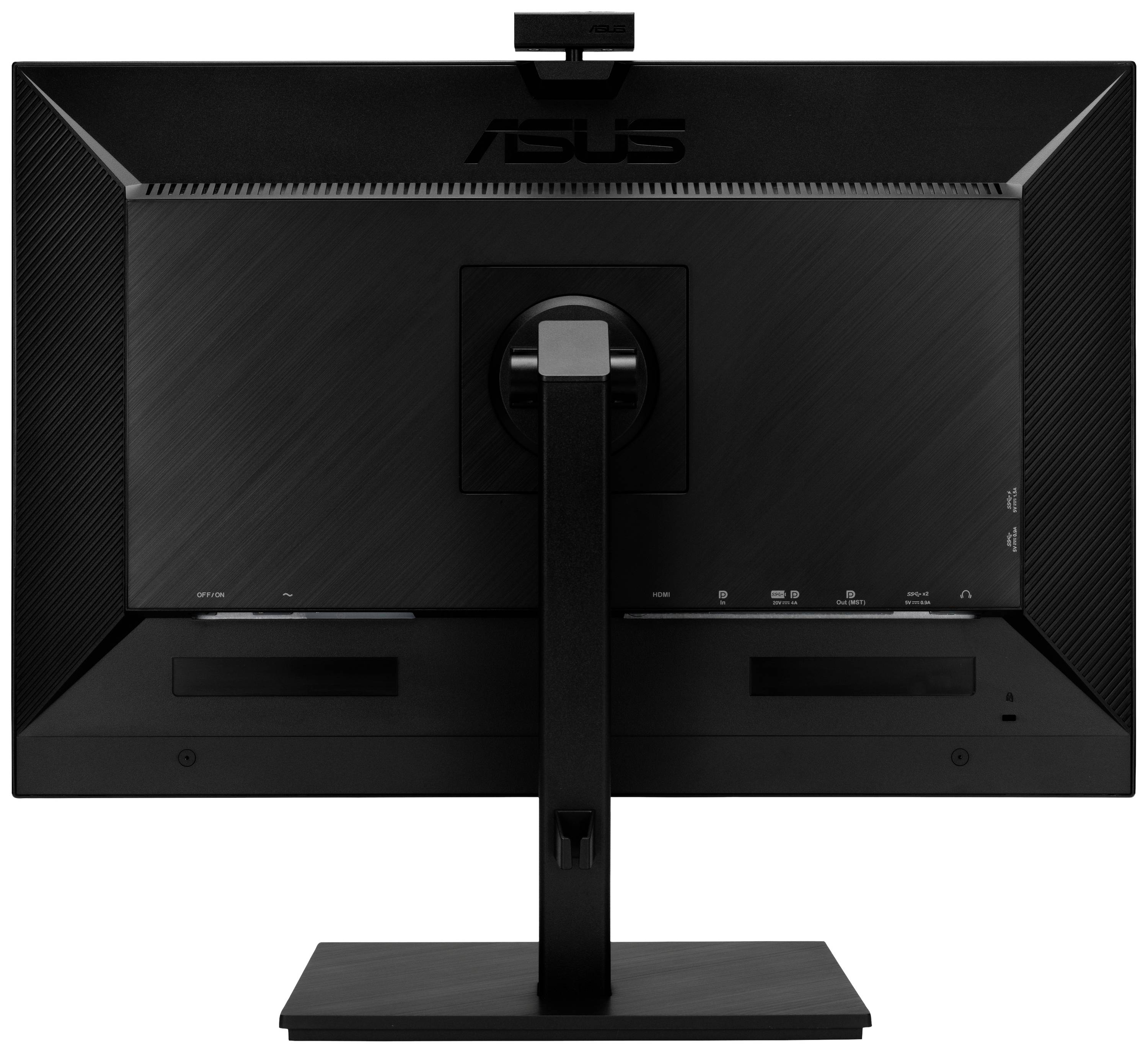 Un écran vu de dos, de marque ASUS, avec un boîtier noir et un socle rectangulaire ; ne montrant aucun port ni câble.