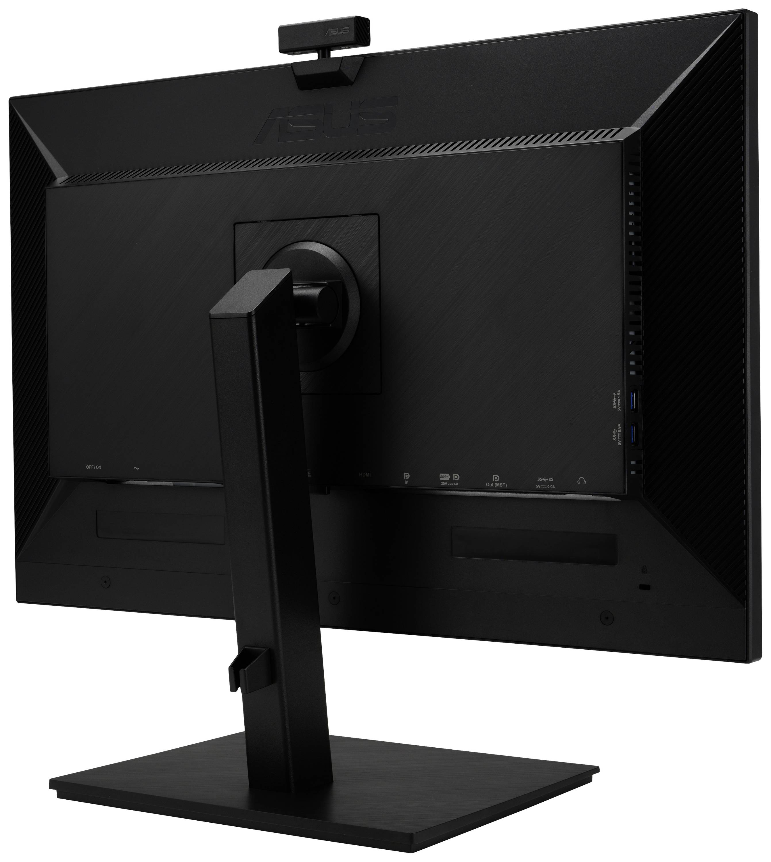 Un moniteur d'ordinateur noir vu de dos, monté sur un socle rectangulaire, avec plusieurs ports sur le côté.