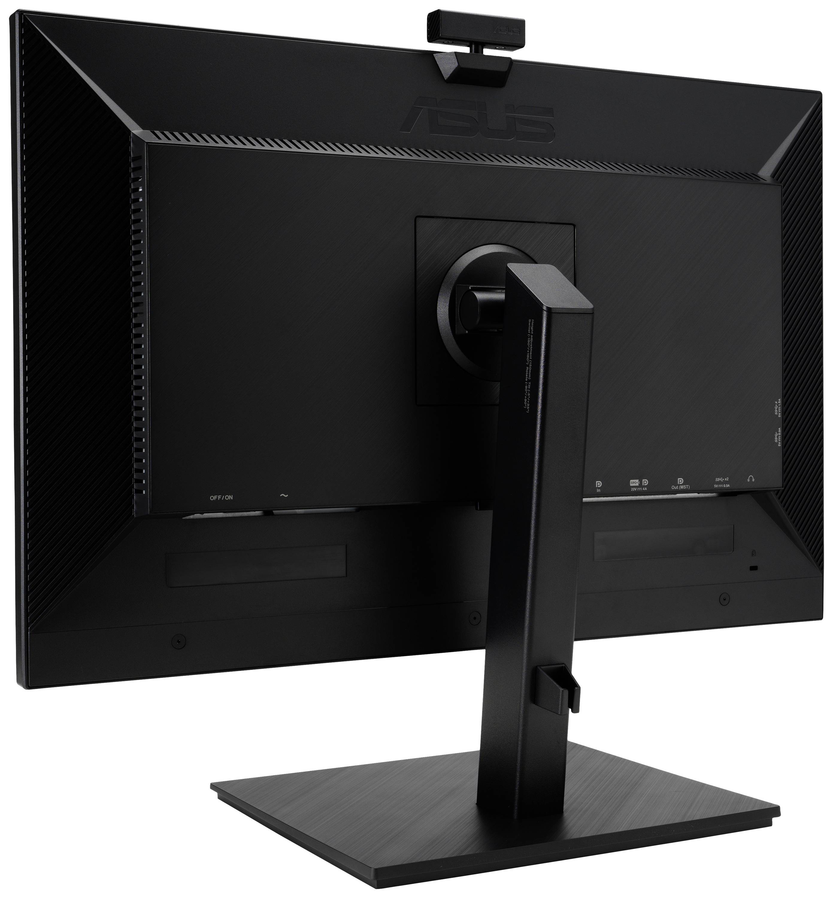 Un moniteur d'ordinateur noir avec un socle stable et une webcam intégrée est visible de dos.