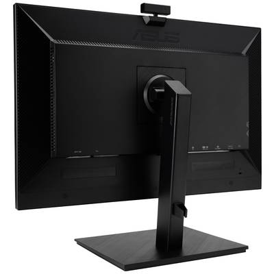 Un moniteur d'ordinateur noir avec un socle stable et une webcam intégrée est visible de dos.