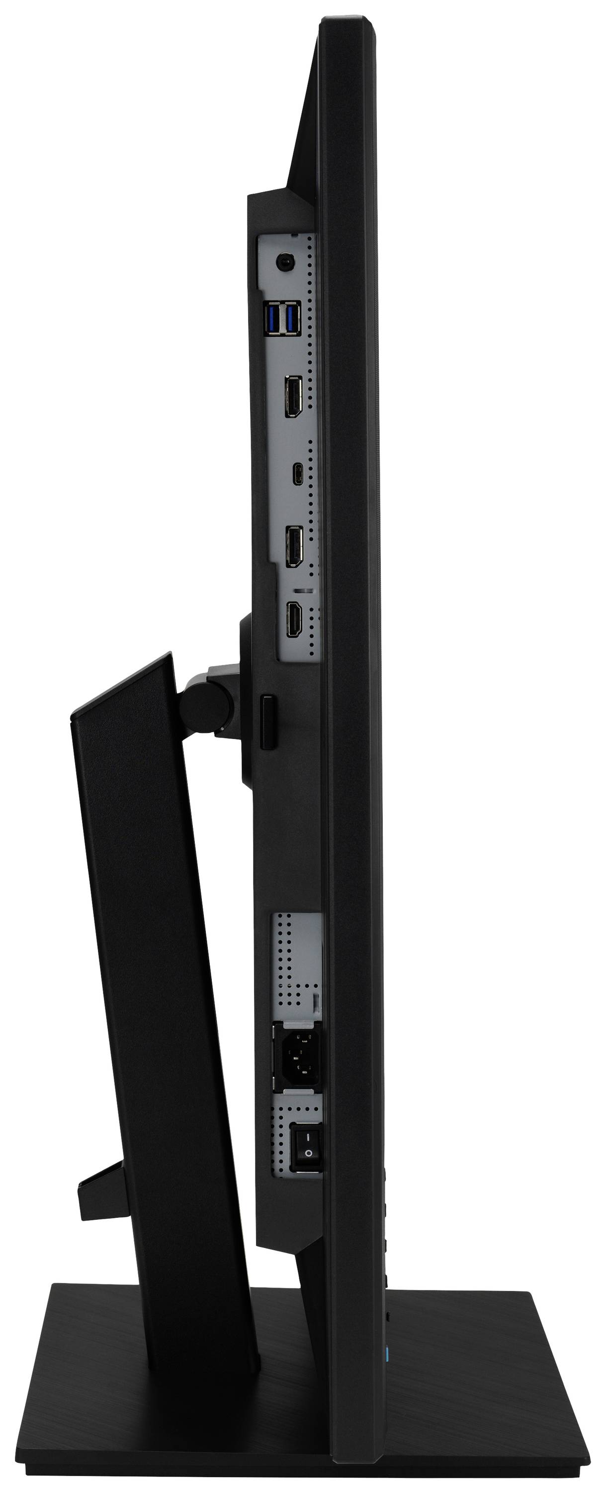 Vue latérale d'un écran d'ordinateur noir avec des ports visibles, notamment USB, HDMI et Ethernet, monté sur un socle.