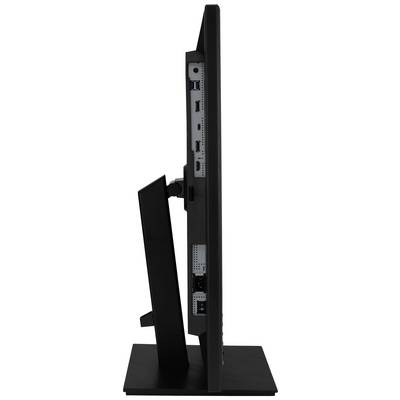 Vue latérale d'un écran d'ordinateur noir avec des ports visibles, notamment USB, HDMI et Ethernet, monté sur un socle.