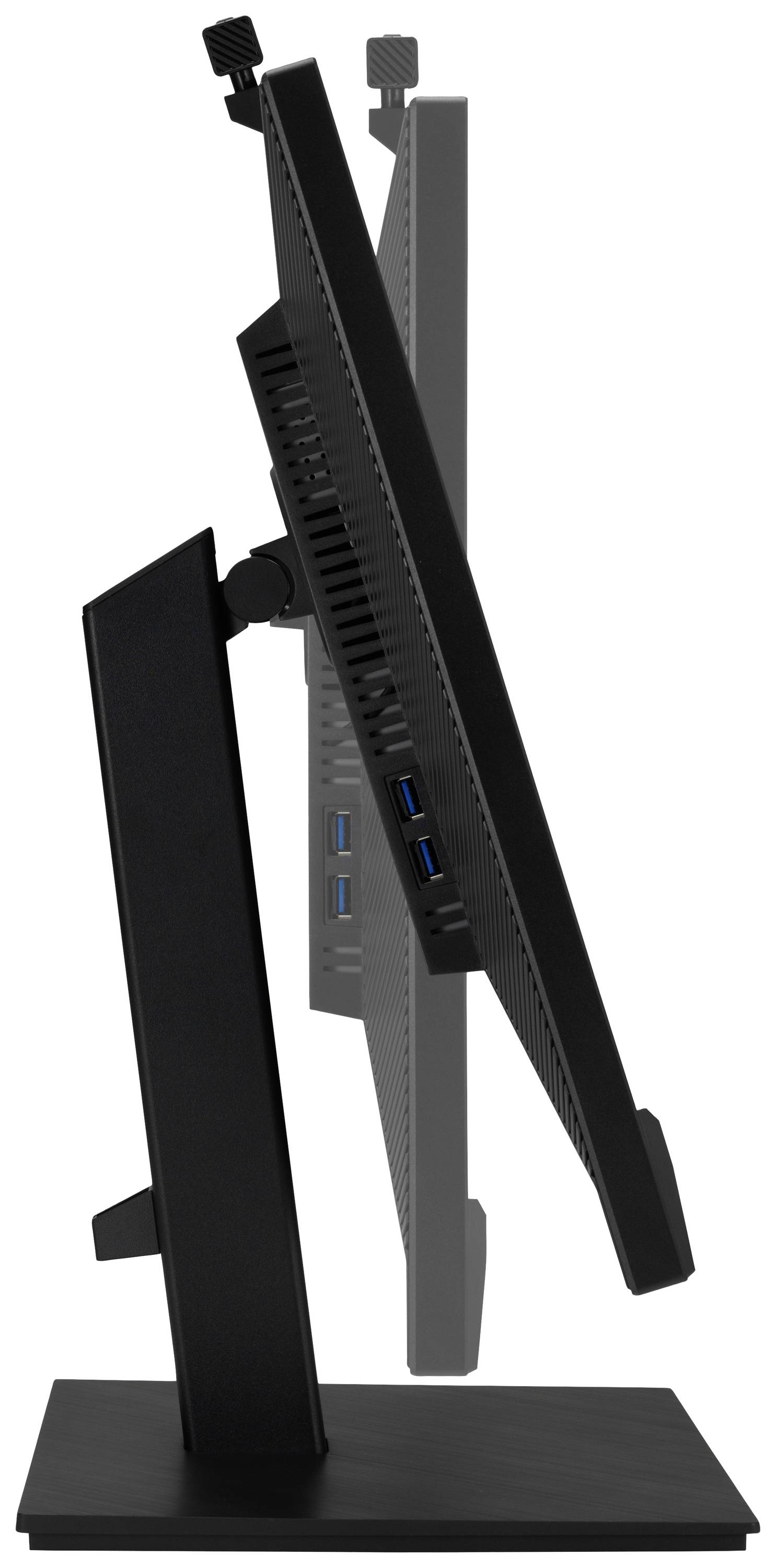 Vue latérale d'un écran d'ordinateur ajustable avec plusieurs ports USB, représenté dans deux positions d'inclinaison.