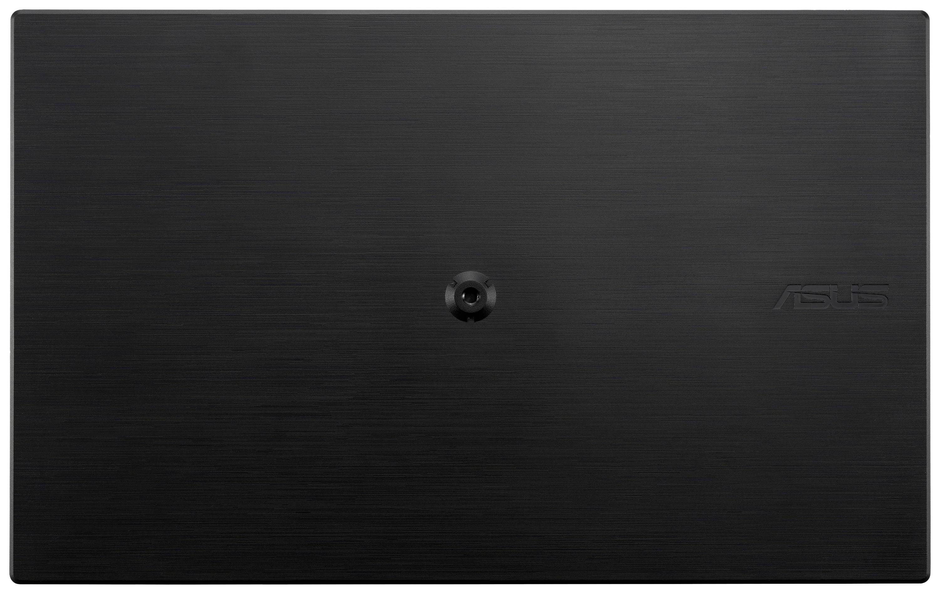 Un couvercle supérieur noir pour ordinateur portable avec une webcam centrée et un logo ASUS discret sur le côté droit.
