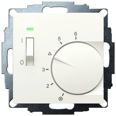 Un bouton rotatif blanc de contrôle de température, avec échelle de 0 à 6 et voyant lumineux ; monté sur support métallique.