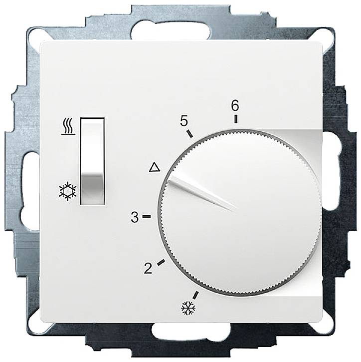 Thermostat blanc avec molette de réglage de 1 à 6 pour le réglage de la température et interrupteur de niveaux de chauffage. Symboles de chaleur et de froid.