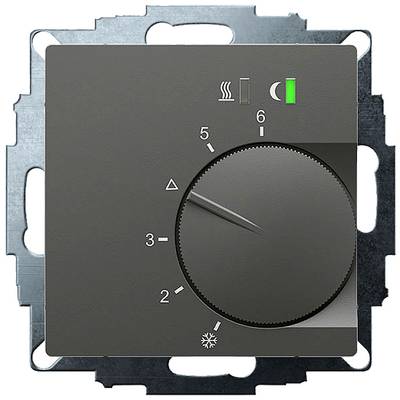 Un bouton rotatif noir sur un thermostat, avec des chiffres de 1 à 6 et des symboles de chauffage et de refroidissement. Le bouton est réglé sur 5.