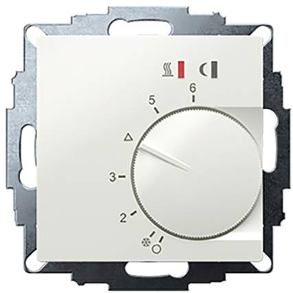 Un thermostat mural blanc avec bouton rotatif indique des niveaux de 1 à 6. Des symboles de fonction de chauffage et de refroidissement sont visibles.