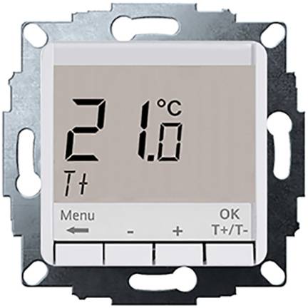 Affichage numérique du thermostat indiquant 21,0 degrés Celsius, bouton de menu à gauche, boutons 'OK' et Plus/Moins en bas. Affichage 'T+' à gauche.