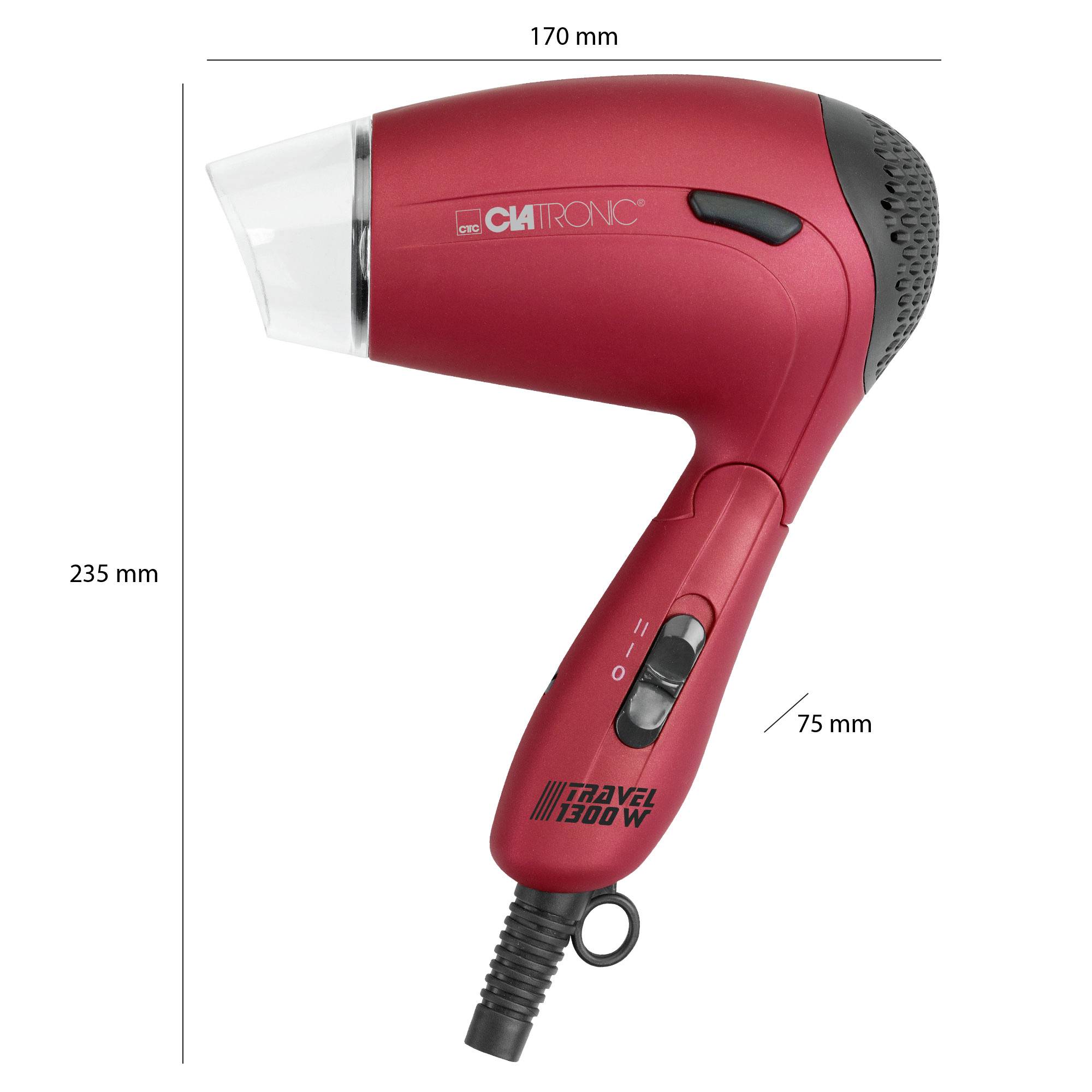 Sèche-cheveux de voyage rouge avec poignée noire, 1300 watts, dimensions : 170 mm de largeur, 235 mm de hauteur. Deux vitesses, pliable.