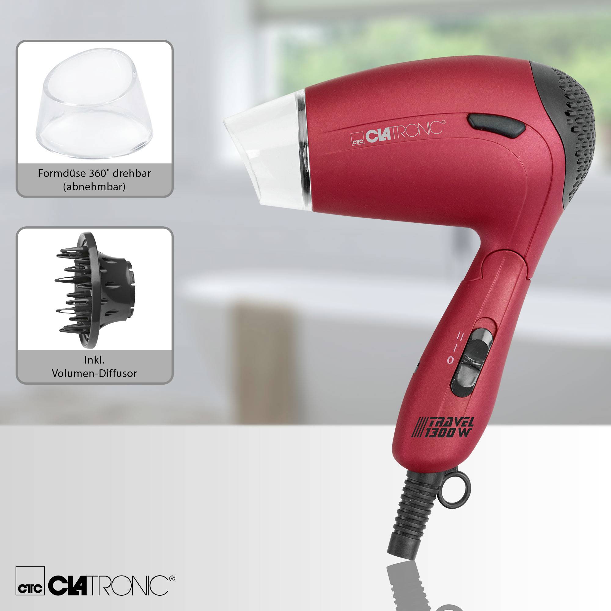 Sèche-cheveux rouge de la marque Clatronic avec buse de forme amovible et rotative à 360° et diffuseur de volume inclus. Modèle : HT 3393 1300W.