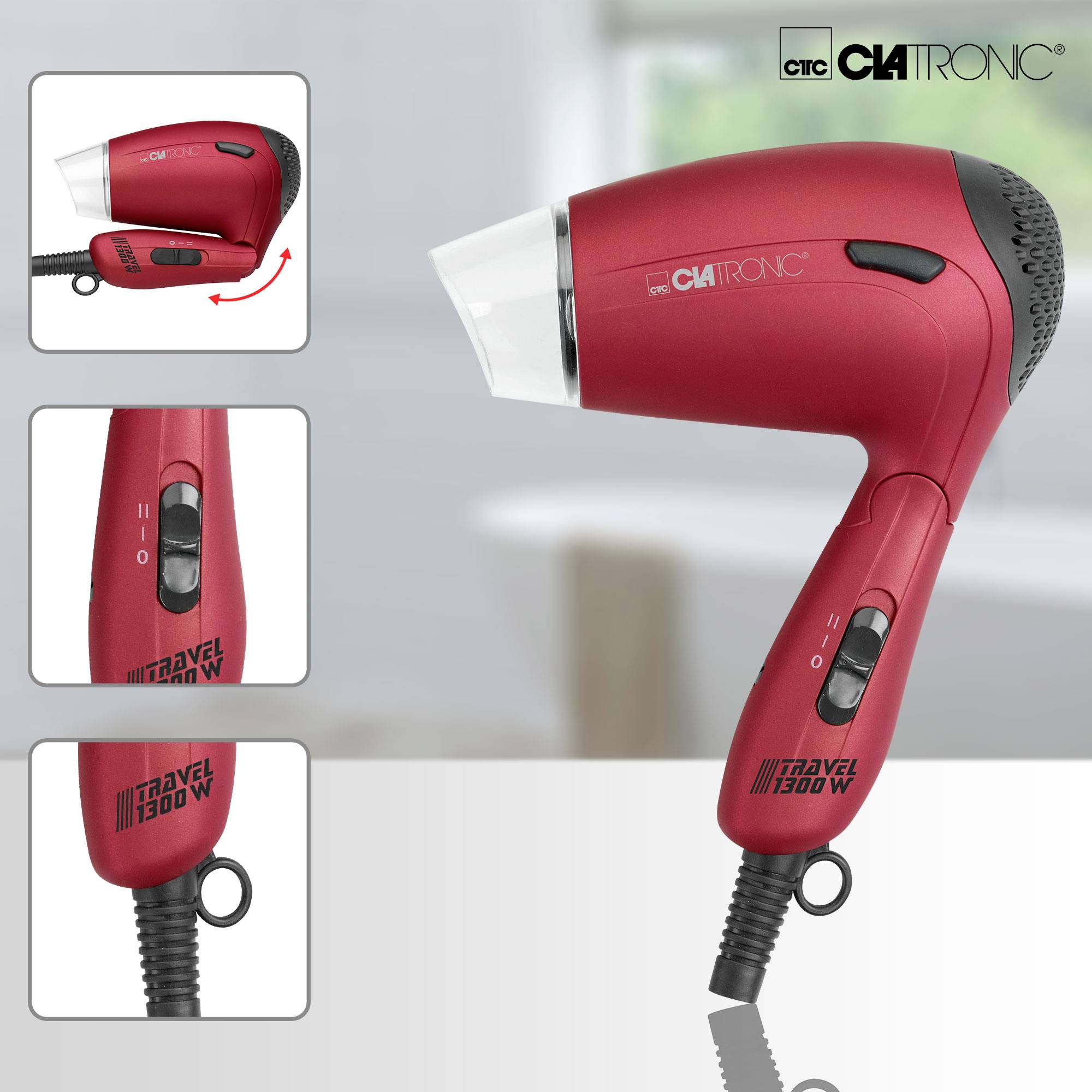 Un sèche-cheveux rouge Clatronic, modèle HT 3393, 1300 W. Présente les vues avant et arrière ainsi que différentes positions de commutation.