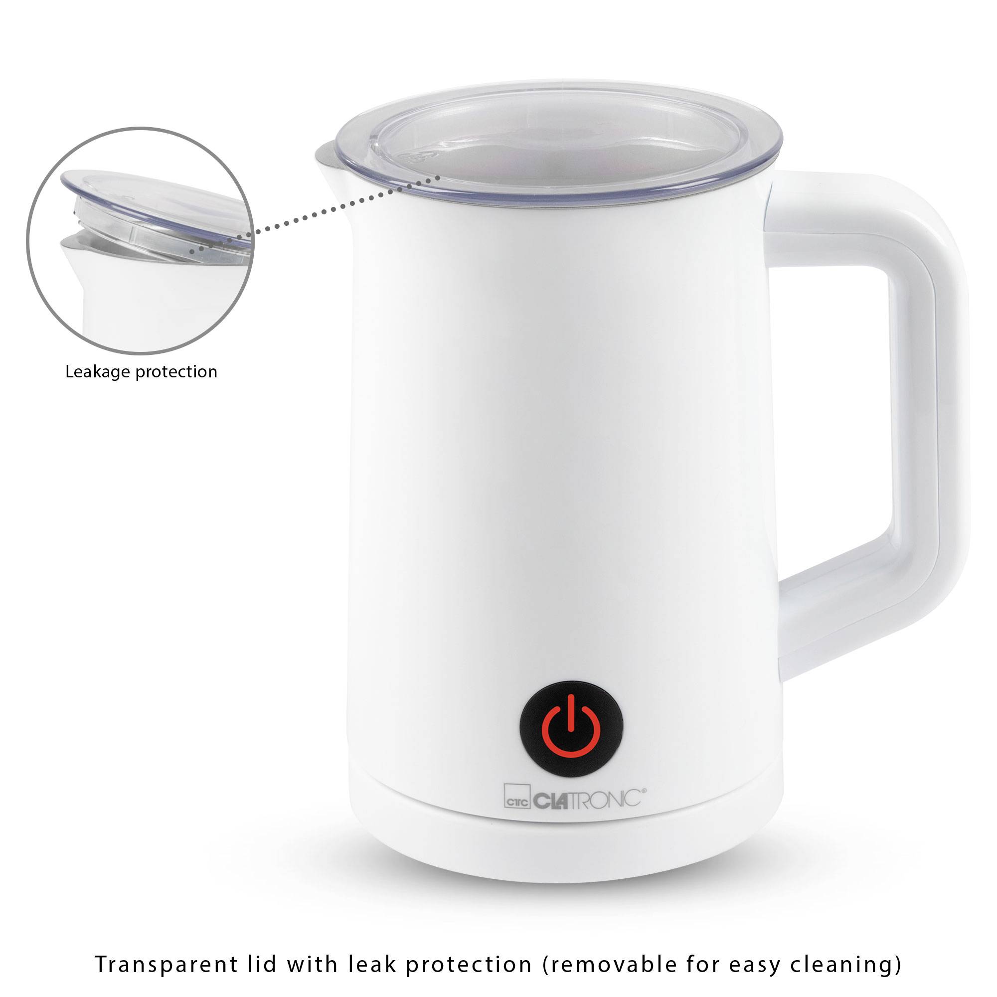 Mousseur à lait électrique avec couvercle transparent et protection anti-éclaboussures, bouton marche/arrêt éclairé, blanc.