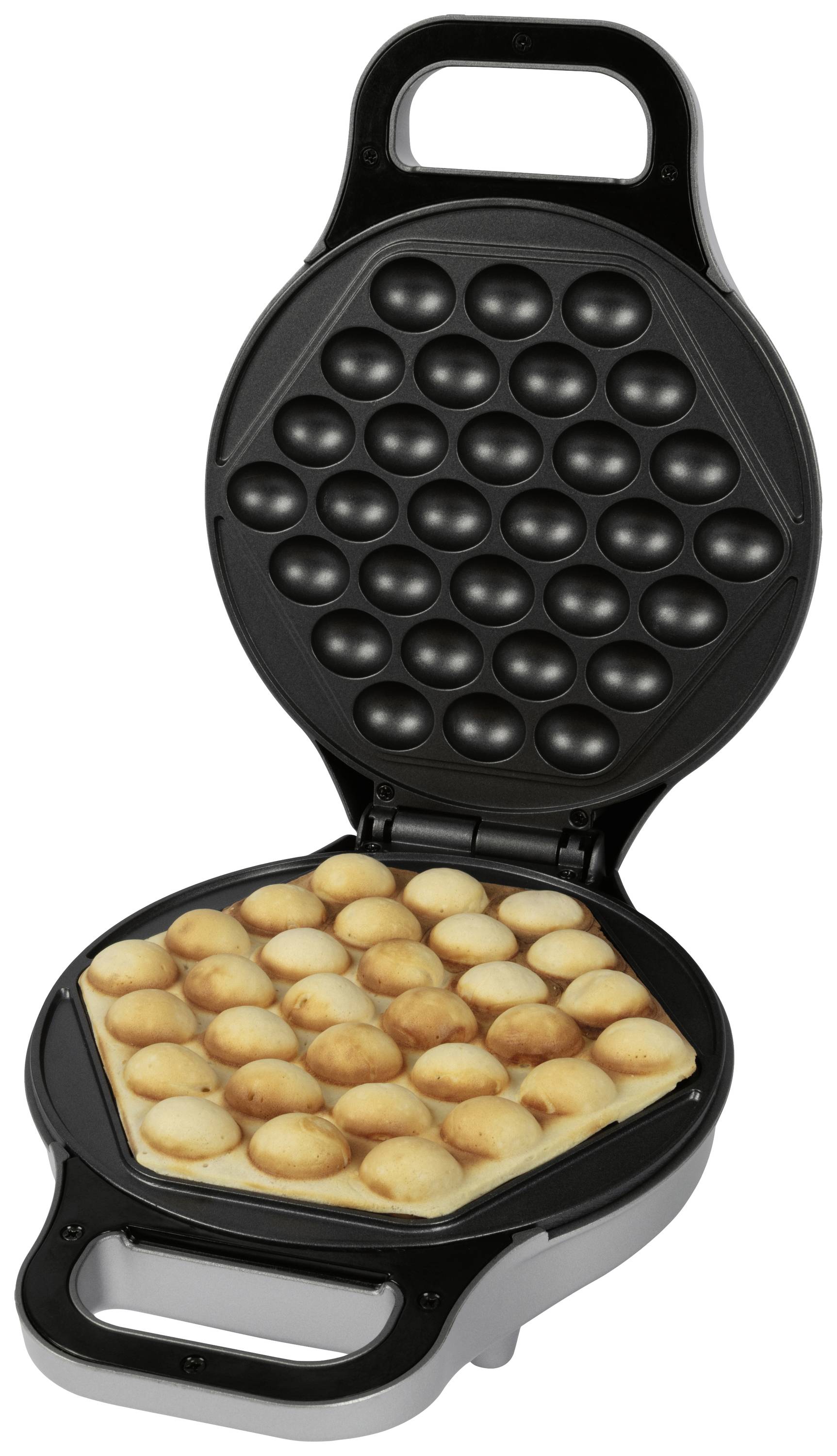 Un gaufrier avec un moule rond, l'appareil ouvert montrant de petites gaufres fraîchement cuites et parfaitement formées.