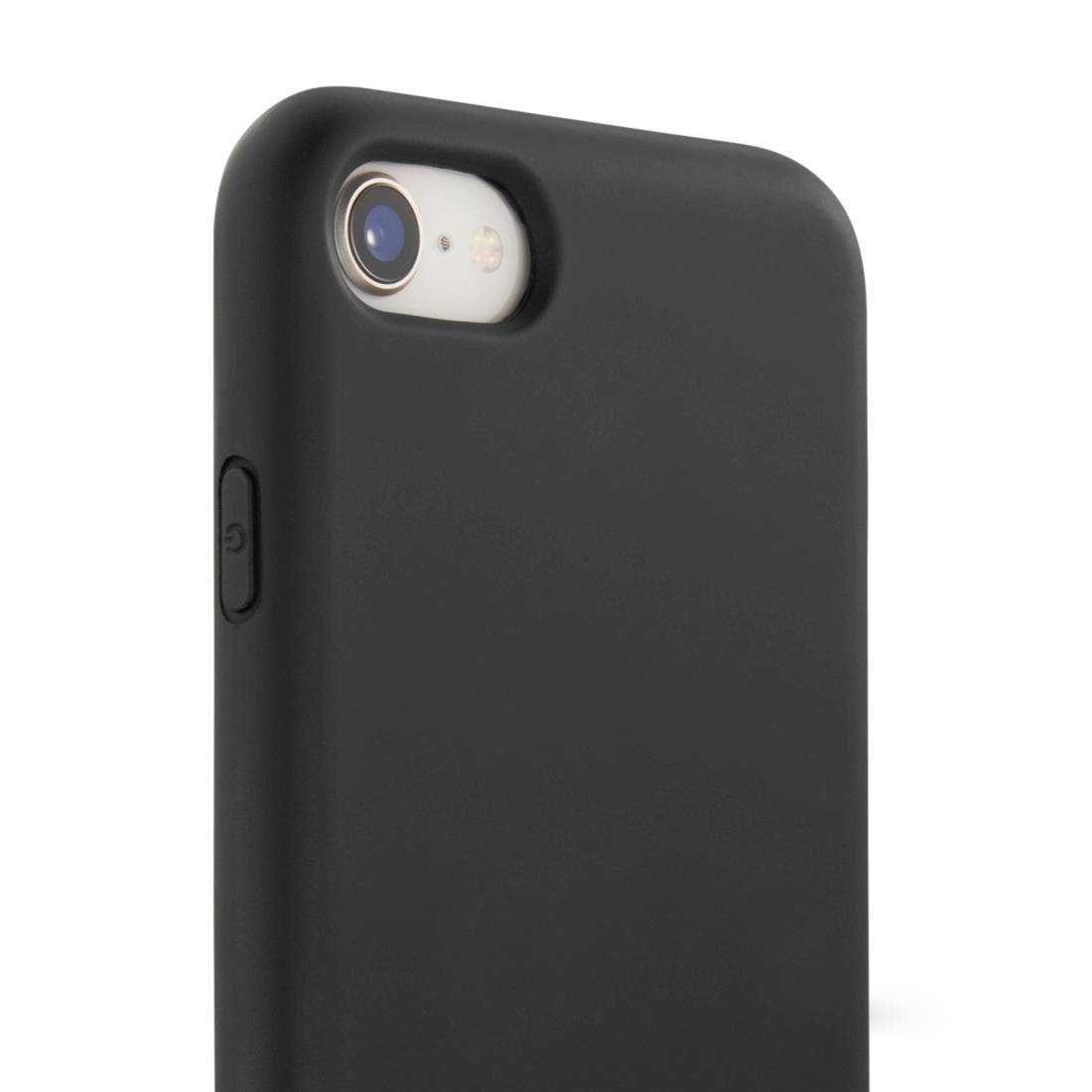 Smartphone noir dans un étui noir mat, sur un fond blanc. L'appareil photo et le flash sont visibles.