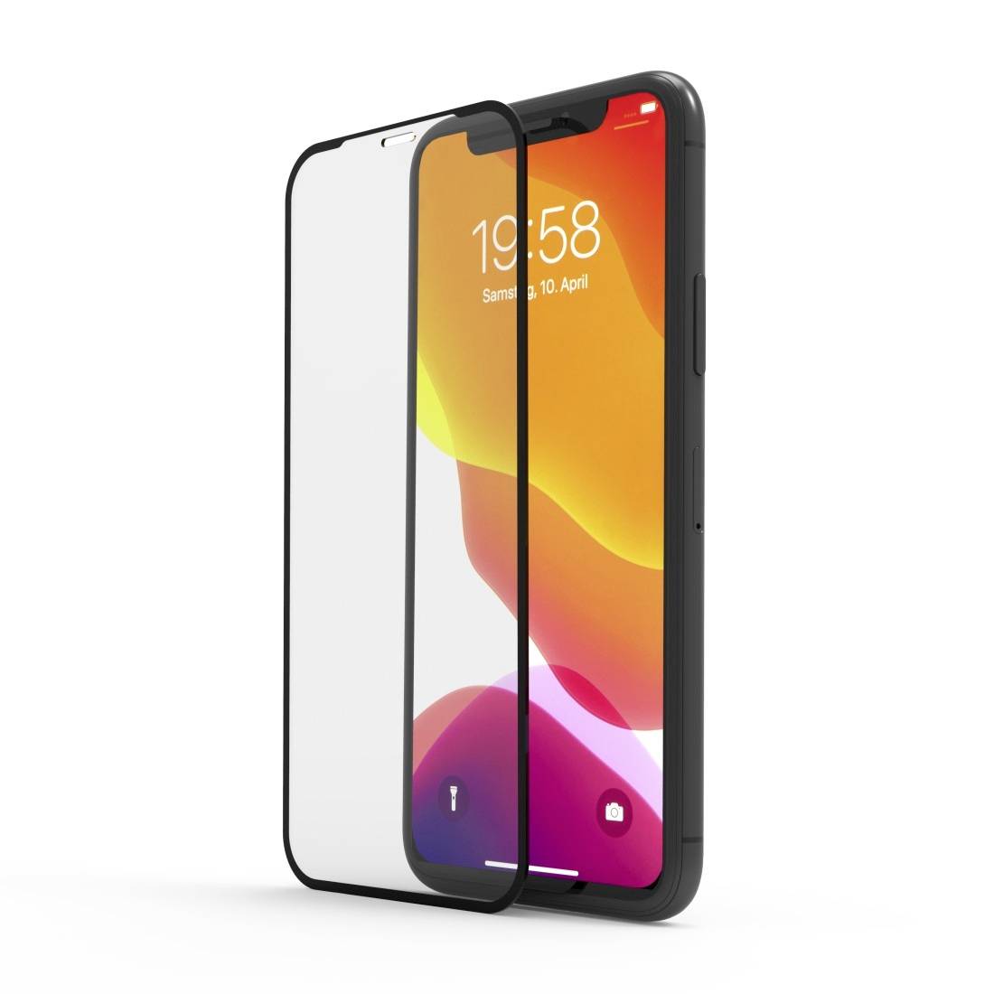 Smartphone avec un écran coloré, à côté d'un film de protection transparent. Heure '19:58' et date 'Samedi, 10 avril'.