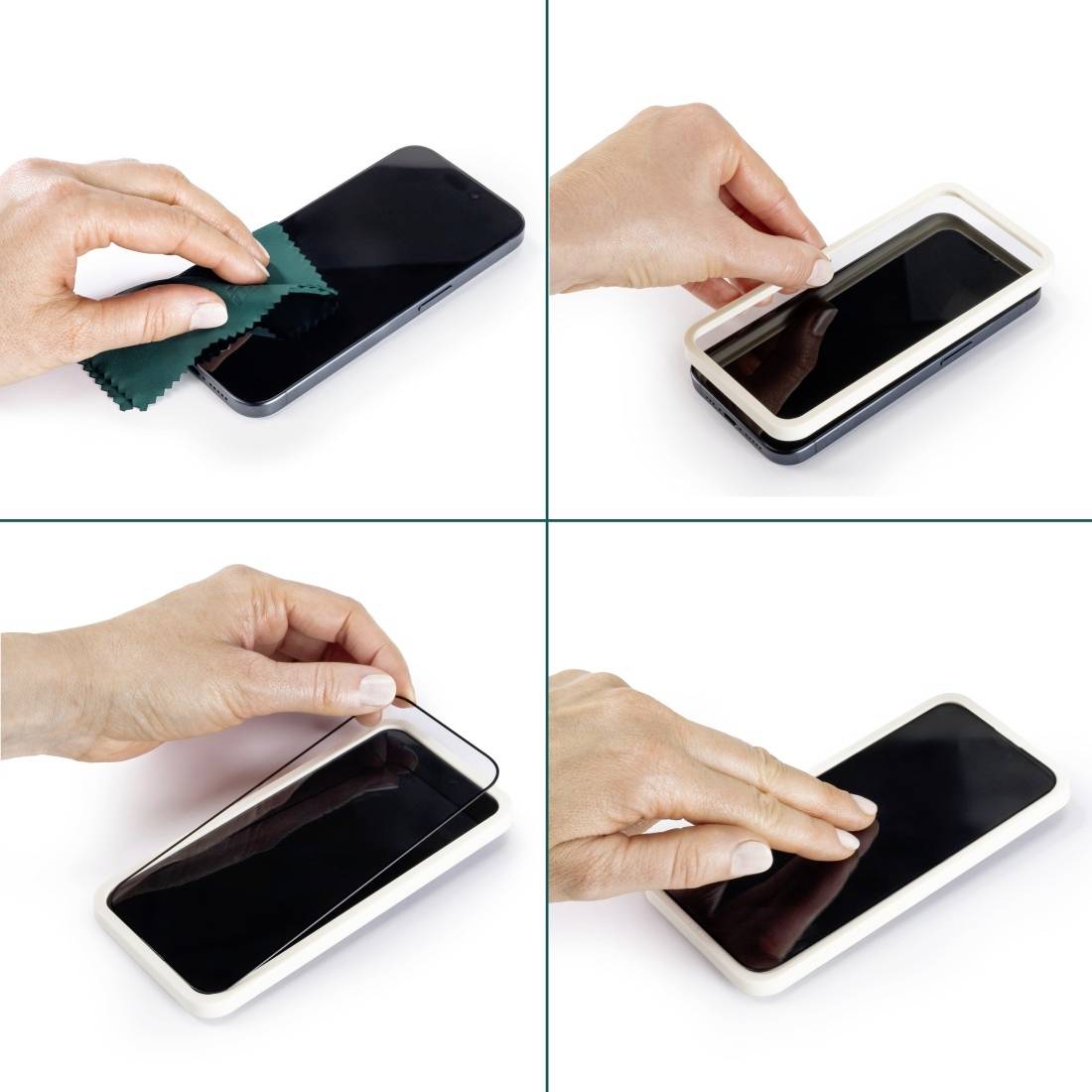 Une personne applique un film de protection d'écran sur un smartphone en quatre étapes : nettoyer, décoller, poser, lisser.