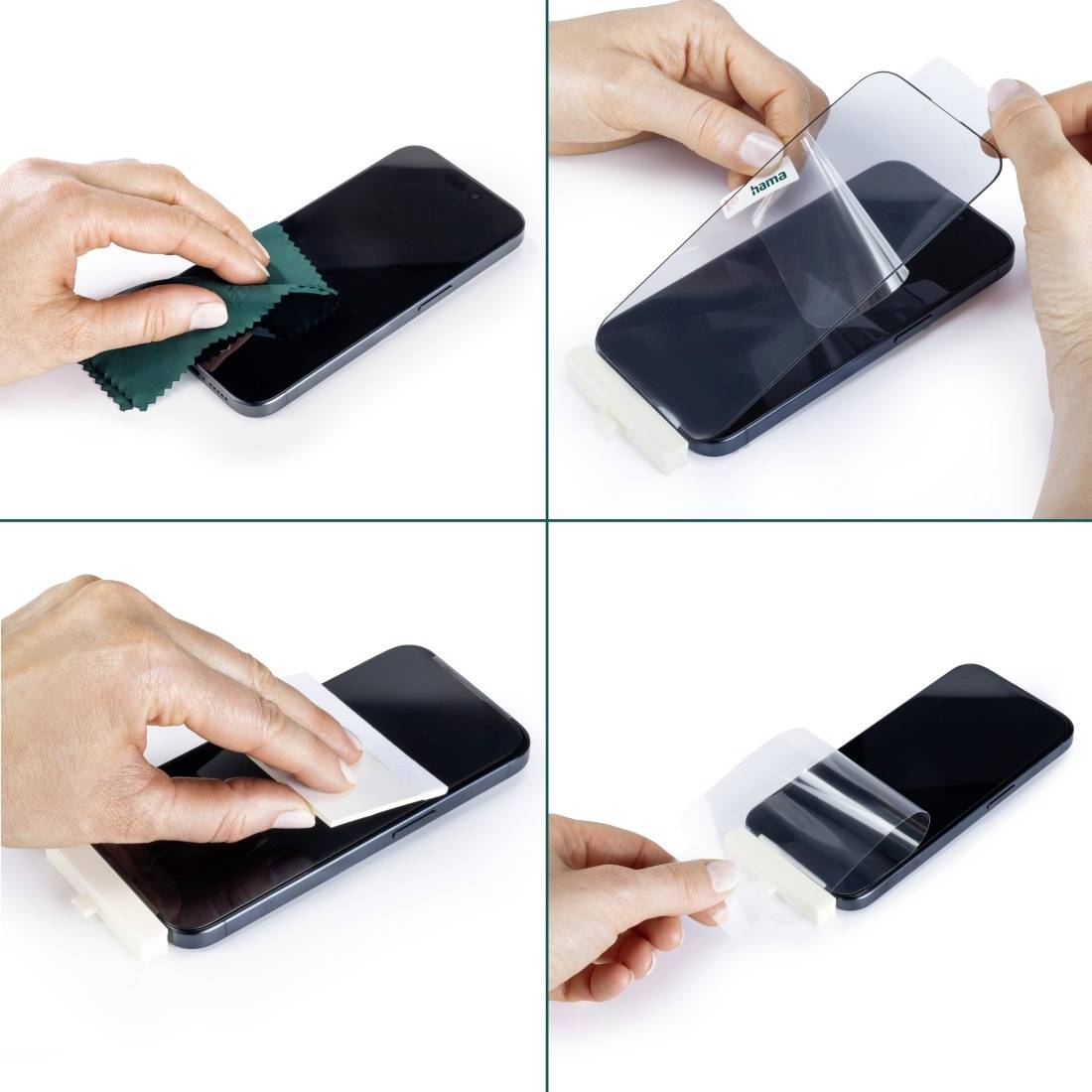 Guide étape par étape pour l'application d'un film de protection pour téléphone mobile : nettoyage de l'écran, application et retrait du film protecteur.